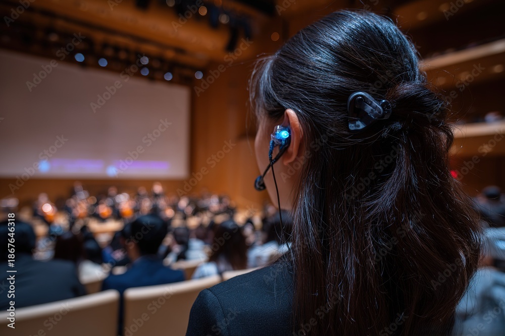 Fototapeta premium Event staff member listens to orchestra during concert at performance venue in city setting with audience exposure