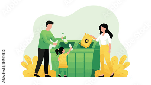 Family teaching child to recycle, sorting waste into green bins