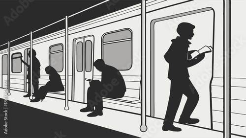 Commuters Reading and Traveling Underground on Subway Train for Daily Transit and Urban Lifestyle Illustration