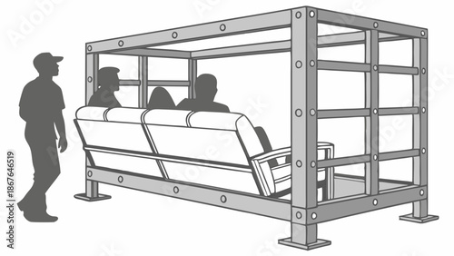 Outdoor Industrial Daybed Structure With People Relaxing For Patio Furniture Design Or Architectural Blueprint Illustration
