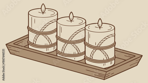 Rustic Pillar Candles with Twine on Wooden Tray for Spa Relaxation Home Decor Ambiance