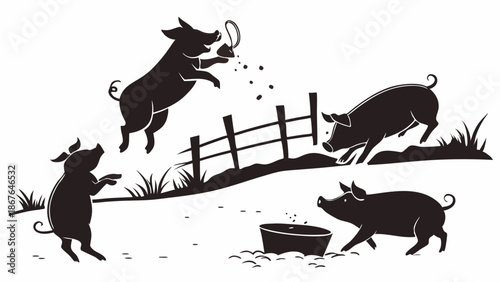 Playful Farm Pigs Jumping and Eating Feed Near Wooden Fence for Agriculture or Livestock Industry Advertising Design