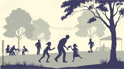 Summer Family Picnic Silhouette Father Playing with Children in Sunny Park Outdoor Recreation Activity for Lifestyle Advertising