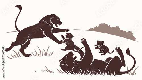 Playful Lioness Family Interaction with Cubs in Savannah Grass for Wildlife Education or Animal Care Web Design