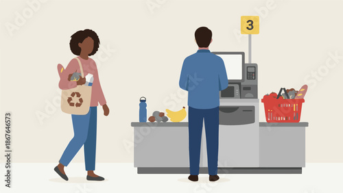 People grocery shopping at self-checkout with reusable bags and fresh produce