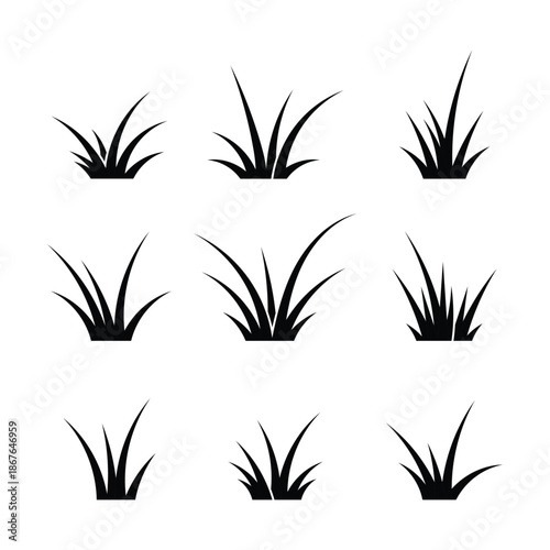 Grass Icon silhouettes Set for Nature Design. isolated on white background. Landscaping, Garden Illustration, Green Environment Themes, Lawn Symbols, Outdoor Graphics, Eco Projects.