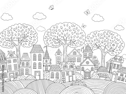 Charming Village Landscape with Houses Trees and Butterflies Line Art for Coloring Book Vector
