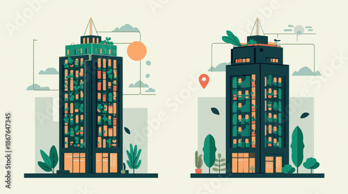 Modern eco-friendly smart city skyscrapers with vertical gardens, sustainable architecture, and green urban planning concept