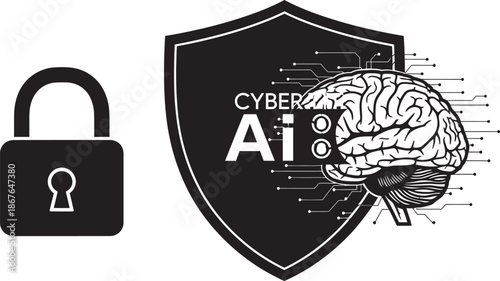Cybersecurity and artificial intelligence logo with shield brain and padlock