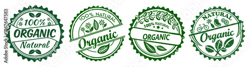 Organic stamp rubber, Green ecologic natural style on grunge rubber stamp. Vintage old texture logo frame with text and leaves icon.