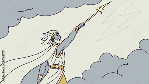 Powerful Deity Hurls Lightning Bolt From Stormy Clouds for Epic Mythology Website Design or Fantasy Game Asset
