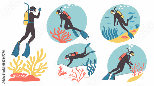 Scuba Divers Exploring Vibrant Coral Reef Underwater Ocean Scene for Travel Adventure Tourism Web Design