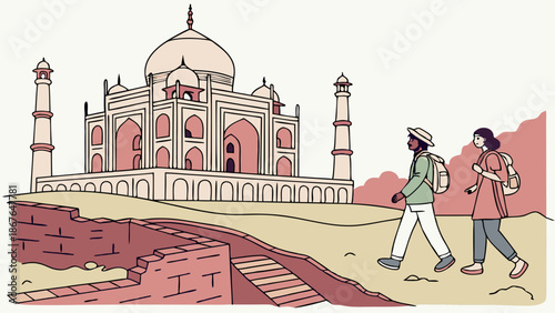 Diverse Tourists Exploring Iconic Ancient Indian Monument Travel Destination Adventure Tourism