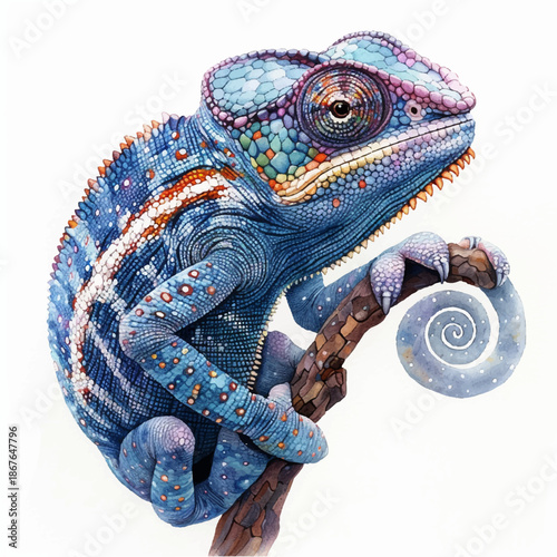 Natural vector illustration of a chameleon on a branch, postcard, sticker