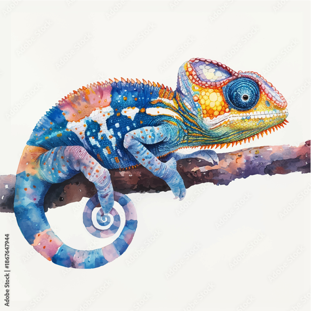 Obraz premium Natural vector illustration of a chameleon on a branch, postcard, sticker