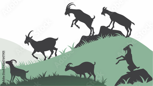 Mountain Goats Climbing Steep Green Hillside Silhouette for Adventure Travel Web Design and Outdoor Sports Promotion