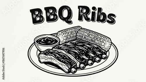American barbecue ribs served with corn and sauce, highlighting classic backyard grilling culture Black and white vector illustration