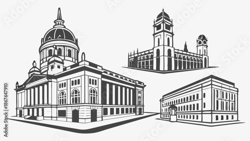 Classic Architecture Set Government Building Bank Courthouse Vector Illustration for Civic Design Projects and Historical Web Graphics