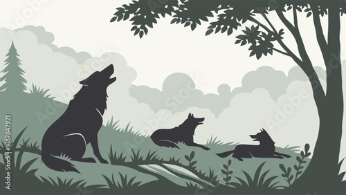 Wolf Pack Howling at Moonlit Forest Edge for Wilderness Adventure Travel or Nature Documentary Design