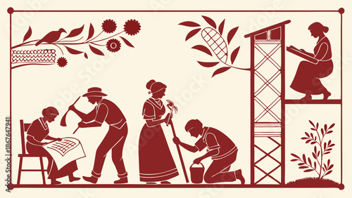 Pioneers Farming and Learning Homestead Life Illustration for Historical Education and Heritage Website Design