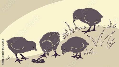 Four Dark Baby Chicks Foraging Outdoors Searching for Food on Grassy Hillside for Agriculture or Easter Themes