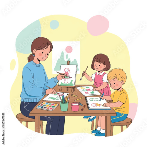 A woman guides two children in a creative art session at a wooden table in a colorful room.