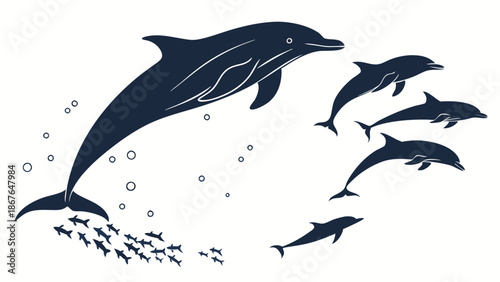Dynamic Dolphin Pod Leaping Out of Water Chasing School of Fish for Wildlife Nature Web Design or Ocean Conservation Projects