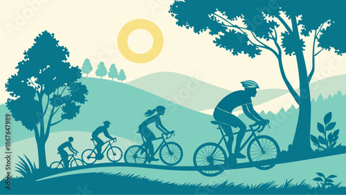 Family Cycling Progression Outdoors on Sunny Green Hills for Health Fitness Web Banners and Lifestyle Promotion