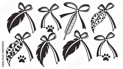 Feather and Paw Print Bow Ribbon Set for Pet Grooming Salon Design or Rustic Craft Projects