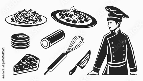 Culinary Chef Icons Set Professional Cooking Tools Food Illustrations for Restaurant Menus and Web Design