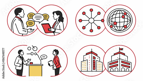 Professional Team Meeting Icons for Corporate Communication Global Networking Public Speaking and Government Relations Design