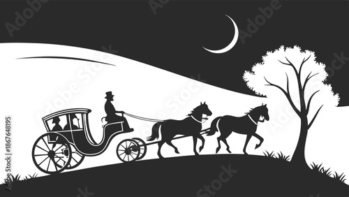Vintage Horse Drawn Carriage Traveling Uphill at Night for Historical Travel Brochures or Fantasy Storybook Illustrations