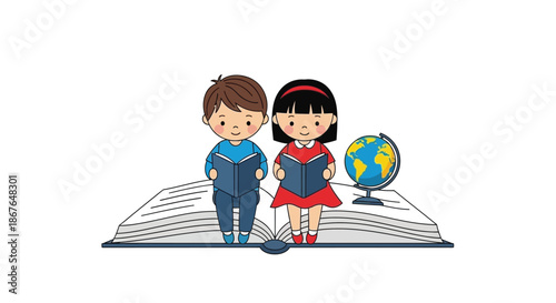 Children reading books with a globe representing education and global awareness