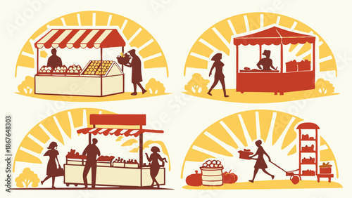 Farmers Market Stalls Selling Fresh Produce Outdoor Summer Harvest for Grocery Store Advertising and Local Food Promotion