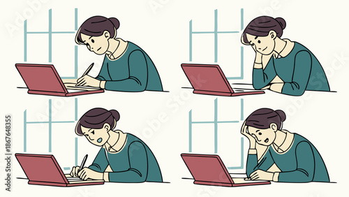 Four Poses of Focused Student or Remote Worker Writing at Laptop Demonstrating Good and Bad Posture for Ergonomics