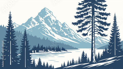 Serene Winter Mountain Landscape with Pine Forest and Lake for Outdoor Adventure Travel Web Design Background