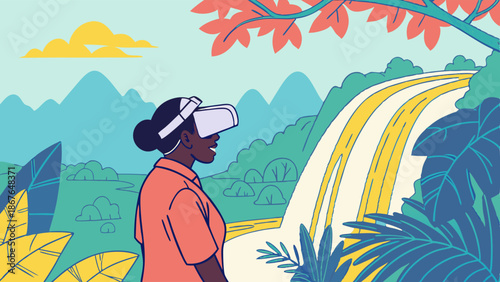 Woman Wearing VR Headset Exploring Lush Virtual Jungle Waterfall for Travel Education or Immersive Digital Experience Design