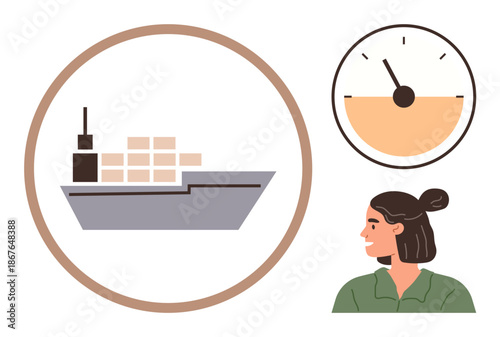 Global trade, logistics, transportation, supply chain, time management, operations flow. Freight ship with cargo, speedometer and woman in profile. Logistics and global trade ion