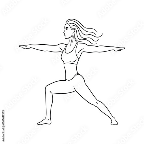 Woman in yoga warrior pose line virabhadrasana fitness des