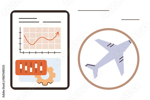 Business growth, aviation industry, travel trends, logistics planning, data analysis, market strategy. Chart with upward trend, airplane symbol gear and slider elements. Business growth