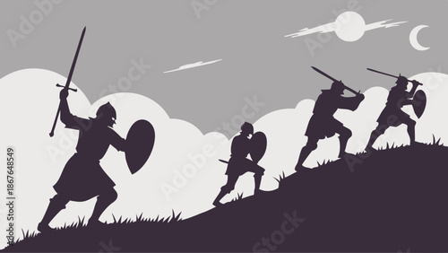 Silhouetted Medieval Warriors Charging Uphill with Swords and Shields for Epic Battle Victory and Teamwork Design