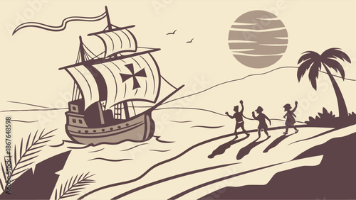 Vintage Caravel Ship Arrival on Tropical Island Shoreline with Cheering People for Exploration History Design