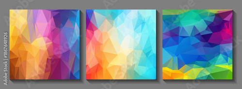 Polygonal background set with colorful geometric textures. Low poly polygonal vector square backdrops with vibrant triangle shapes. Abstract mosaic design creates modern and tech low poly background.