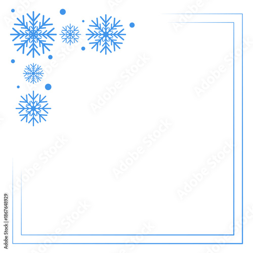 Winter frame from blue snowflakes isolated on white background with place for your text. Vector illustration. Card, banner, paper, poster, template, border.