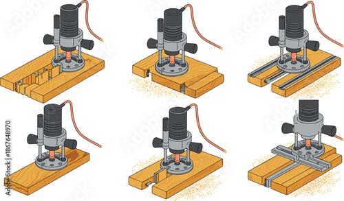 Woodworking router process illustration, showing wood milling, grooving, shaping, cutting steps, isolated on white background vector, detailed professional carpentry equipment