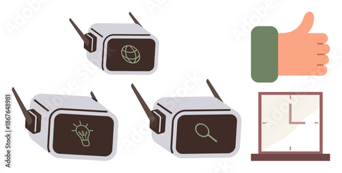 Technology, innovation, virtual communication, user experience, conceptual design, progress. Virtual reality headsets showing idea, search, and connectivity icons a thumbs-up symbol and a clock