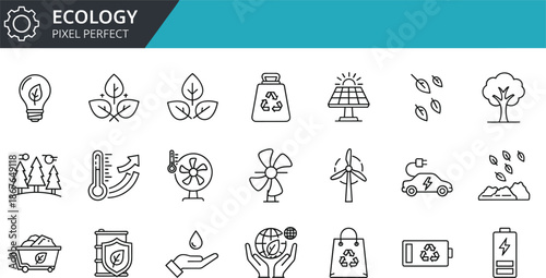 Ecology and nature pixel perfect line icons set featuring renewable energy recycling and sustainability symbols for environmental protection design