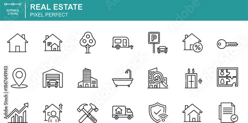 Real estate line icons set with editable stroke featuring house home property mortgage and apartment building symbols for agency