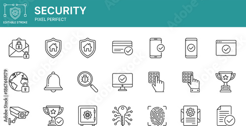 Security and cyber protection line icons set with editable stroke featuring home safety digital privacy and surveillance symbols
