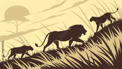 Lion Pride Ascending Savannah Hill at Sunset Wildlife Safari Journey for Travel Website or Nature Documentary Design